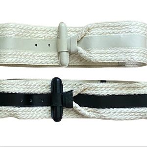 (2) Vintage 80s 90s Braided Waist Belts Leather Ladies S Ivory Black Boho Retro